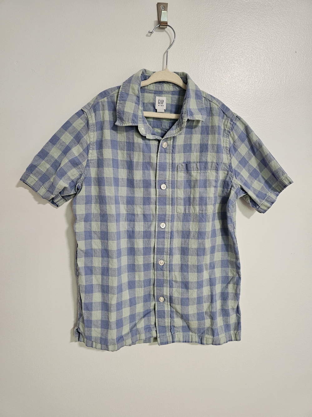 🧸2/20$ GAP Boy 8T Linen Cotton Short Sleeve Blue Check Shirt Button Down Kids
